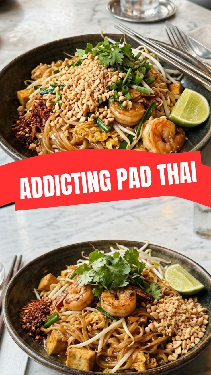 A vibrant plate of Pad Thai with a lime wedge and crushed peanuts.