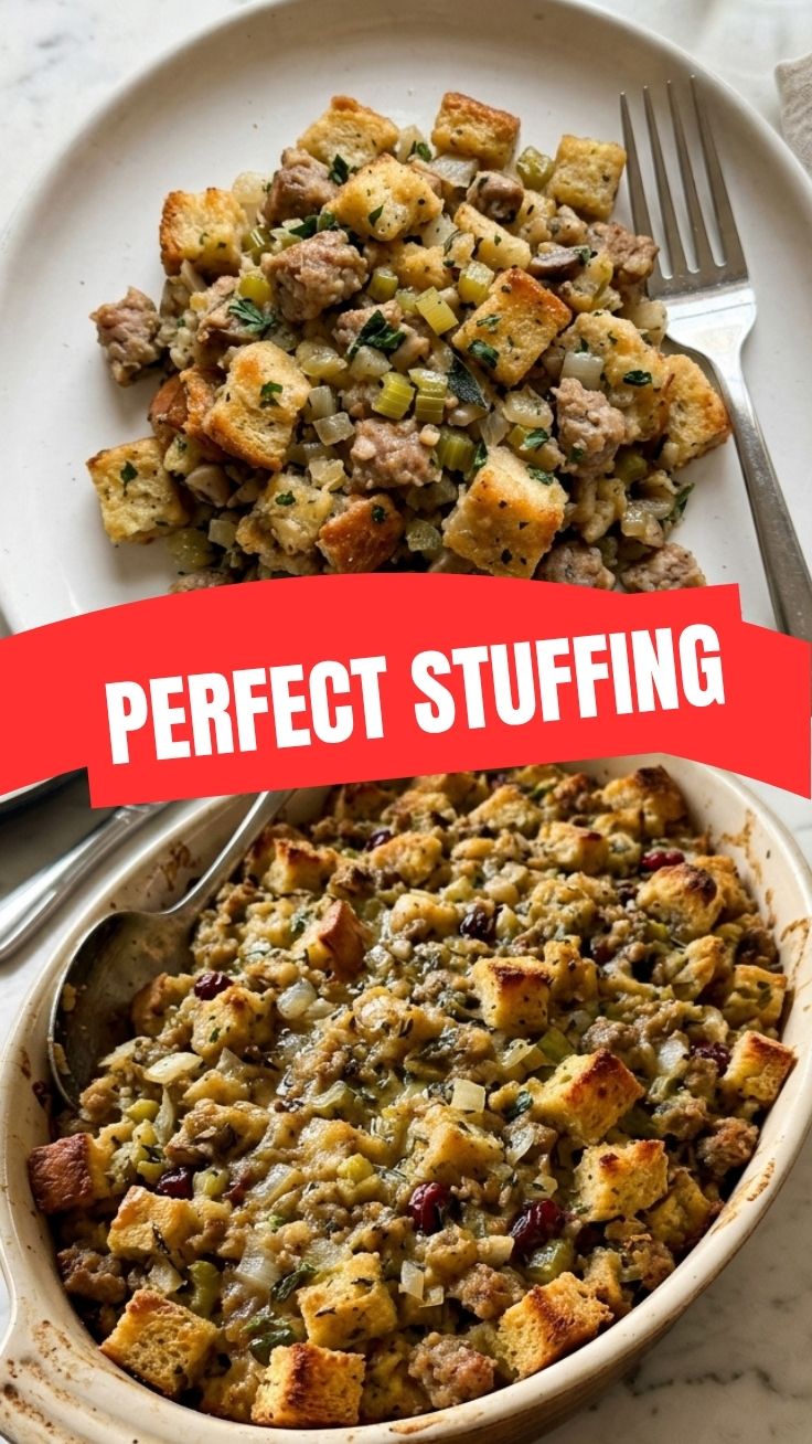A golden-brown baked stuffing in a casserole dish, fresh out of the oven.