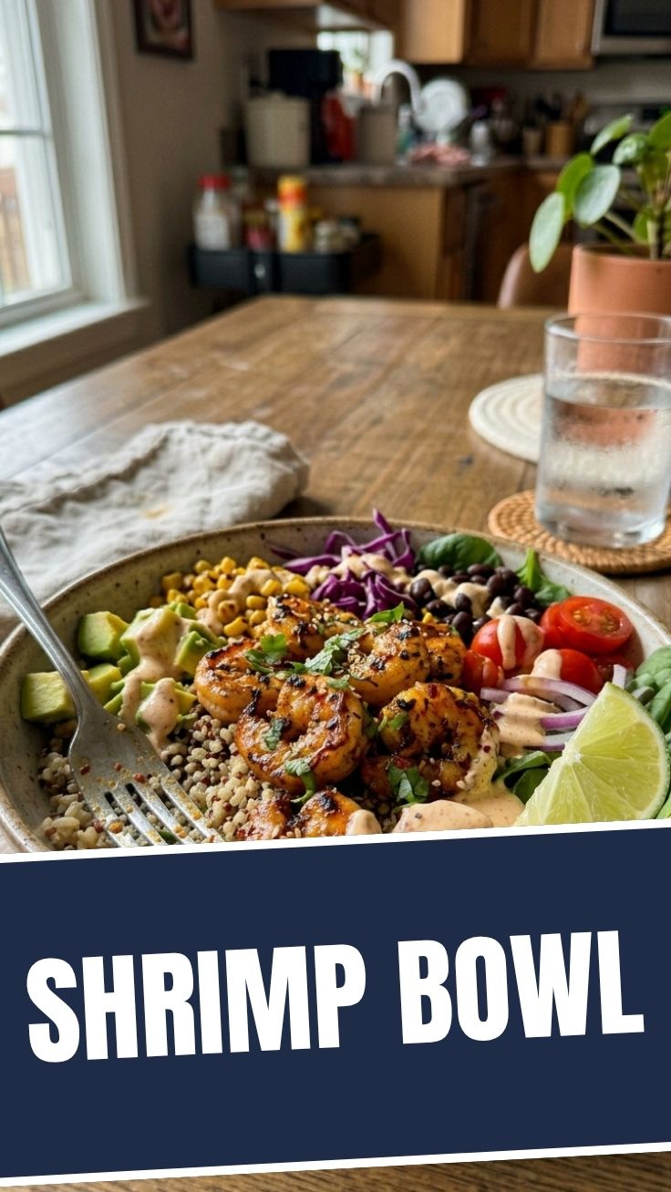 A colorful shrimp bowl filled with fresh ingredients and vibrant sauces.