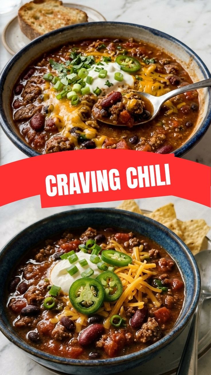 A steaming bowl of classic chili, garnished and ready to eat
