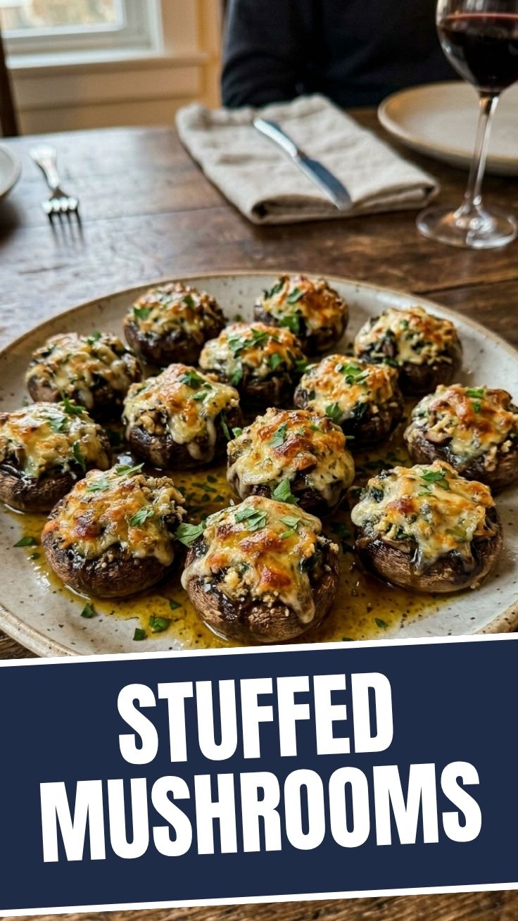 A platter of freshly baked stuffed mushrooms, glistening with herbs.