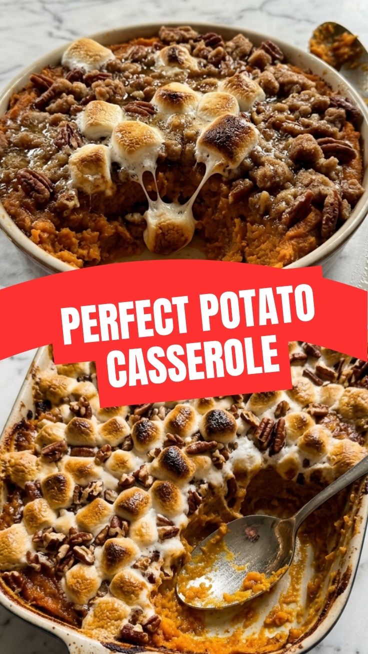 A cozy sweet potato casserole with a golden-brown toasted marshmallow topping.