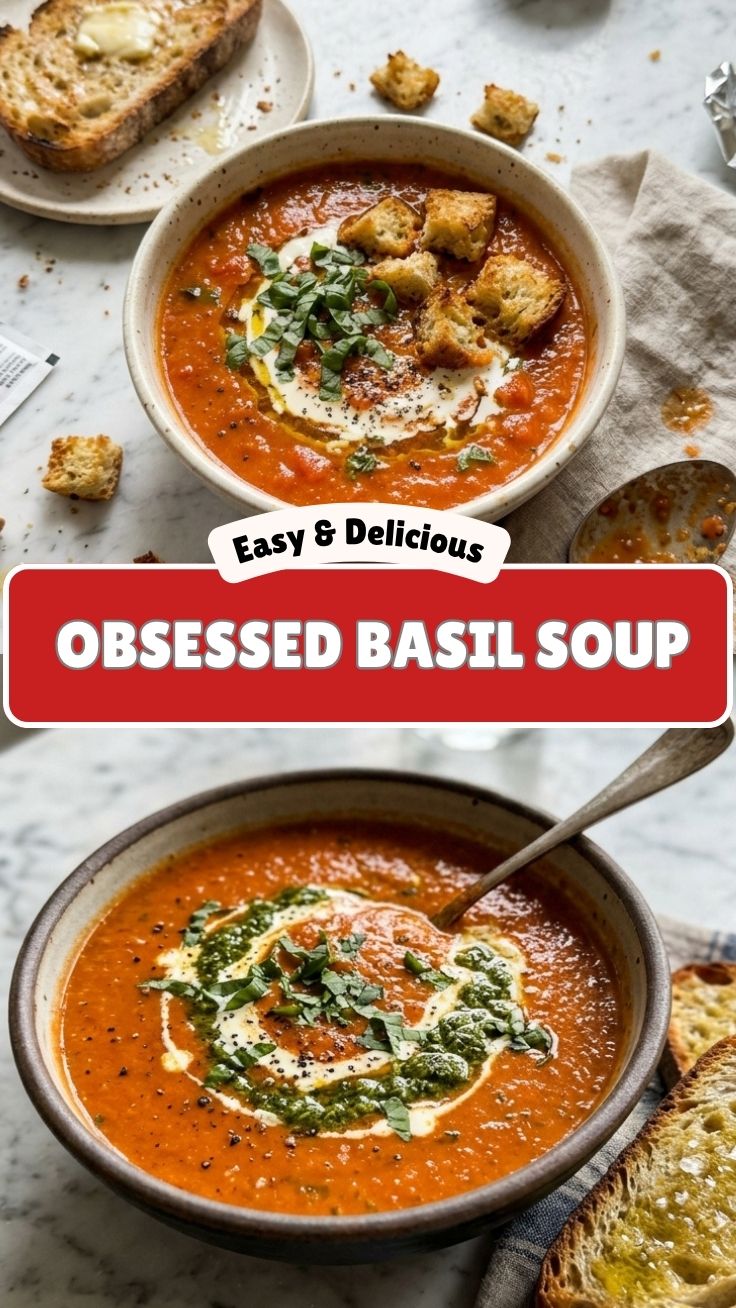 A bowl of rich red tomato basil soup garnished with fresh basil leaves