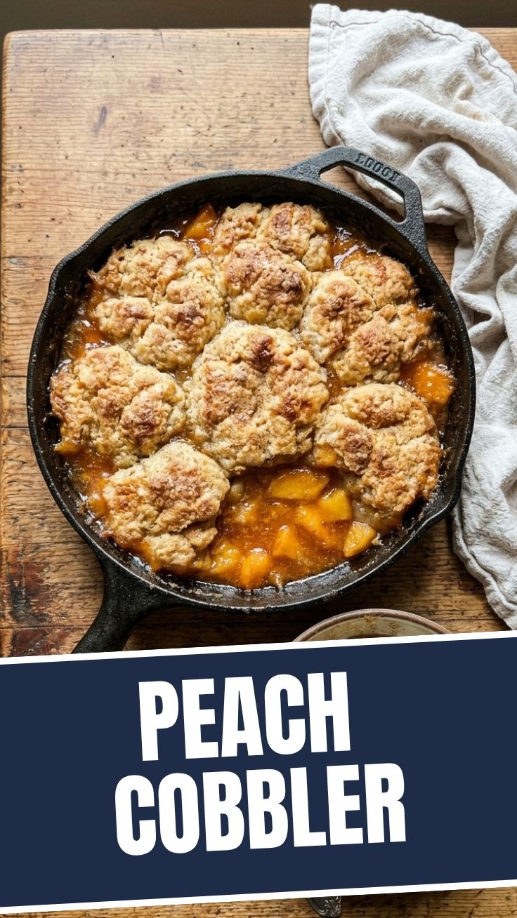 A hot, bubbly peach cobbler in a baking dish, fresh from the oven, with a golden crust.