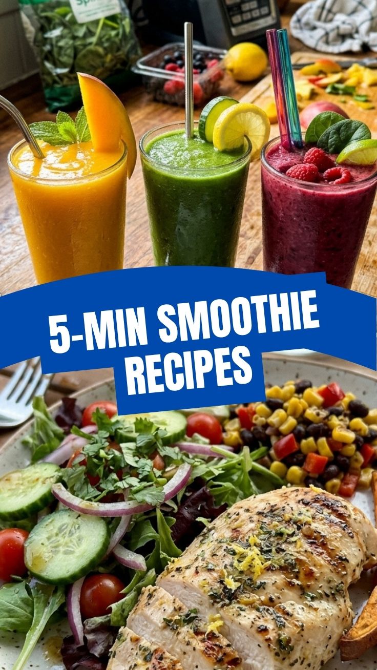 An array of vibrant weight loss summer smoothie recipes in clear glasses, garnished with fresh fruit