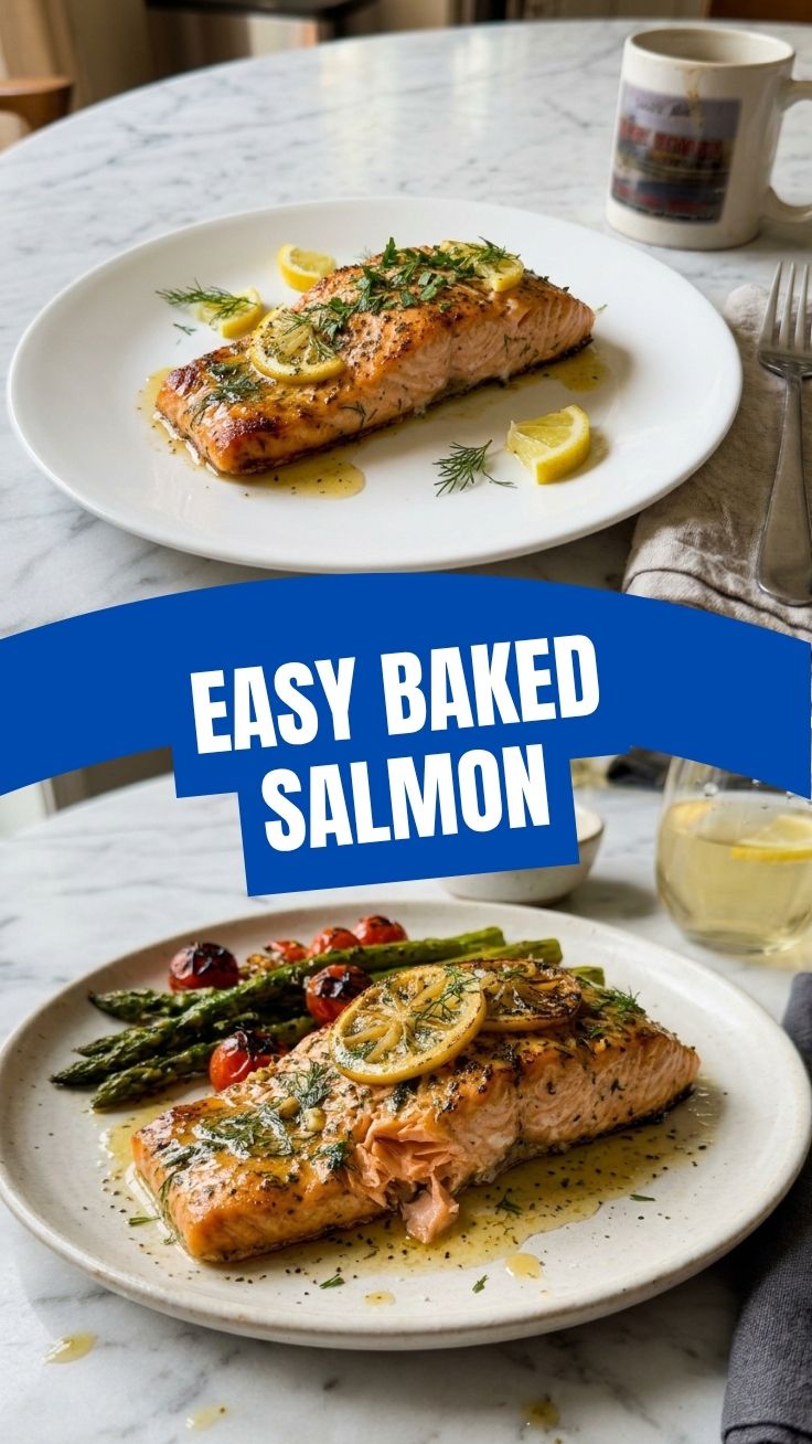 A perfectly baked salmon fillet with crispy skin