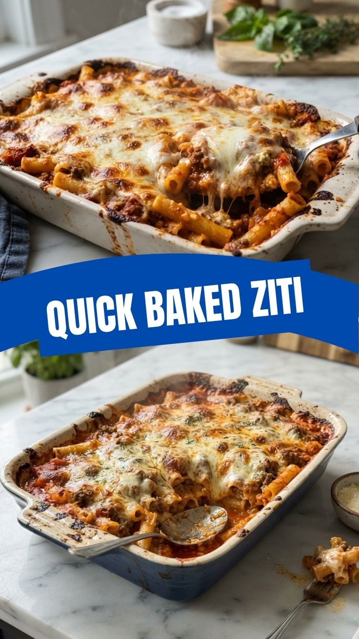 A delicious tray of baked ziti with melted cheese and rich tomato sauce.
