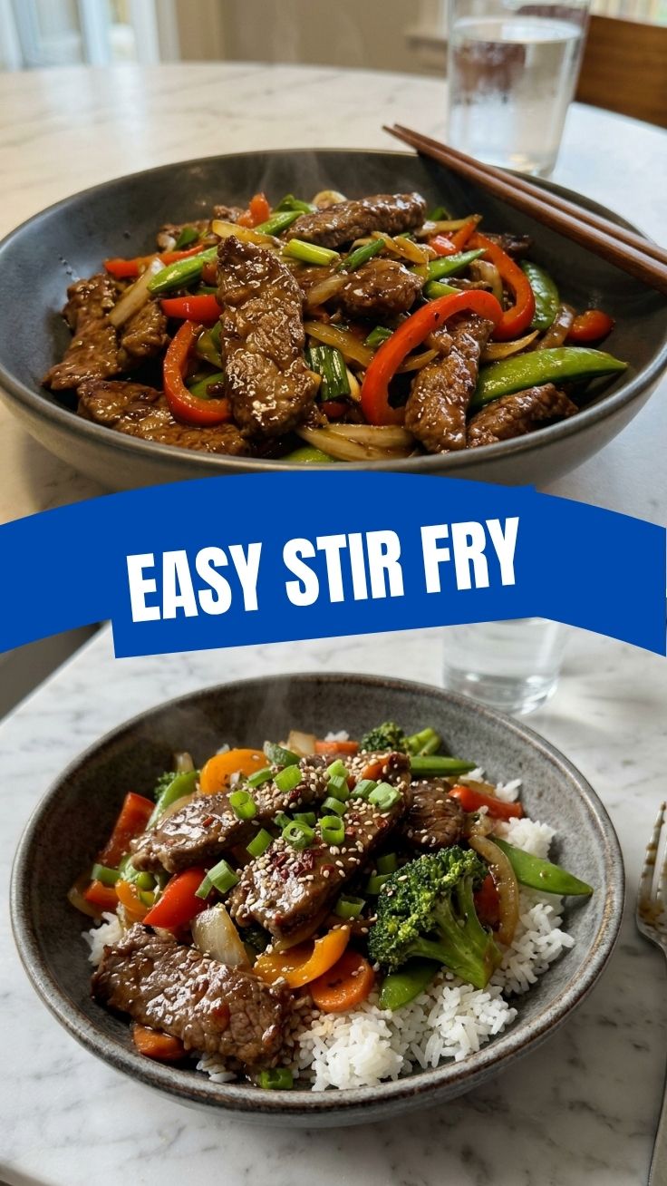 A vibrant beef stir fry with colorful vegetables in a wok