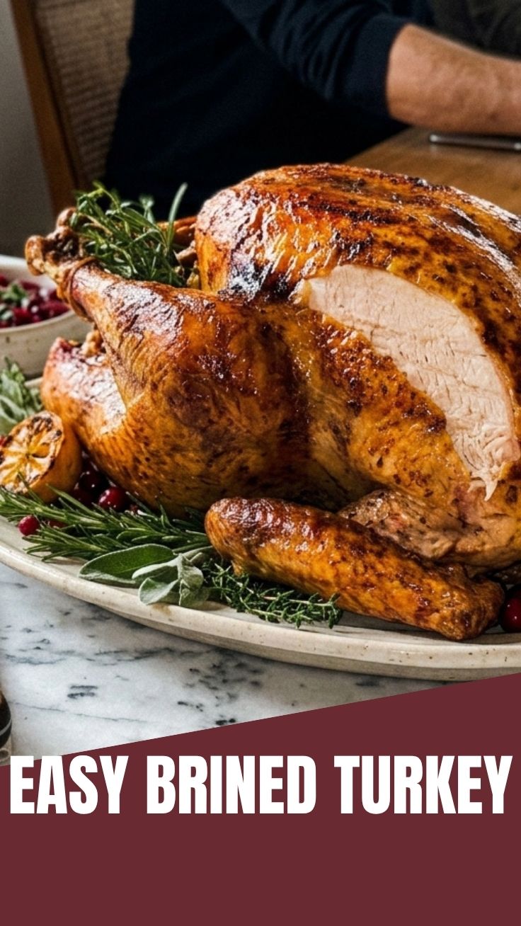 A perfectly cooked whole brined turkey, golden brown and ready to serve.