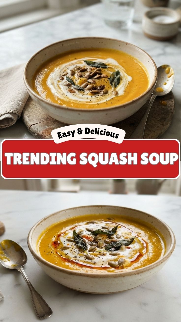 A steaming bowl of butternut squash soup garnished with fresh herbs.