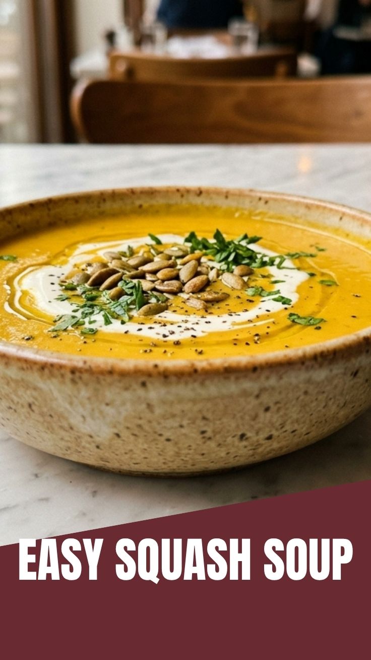 A bowl of rich butternut squash soup, garnished with herbs.