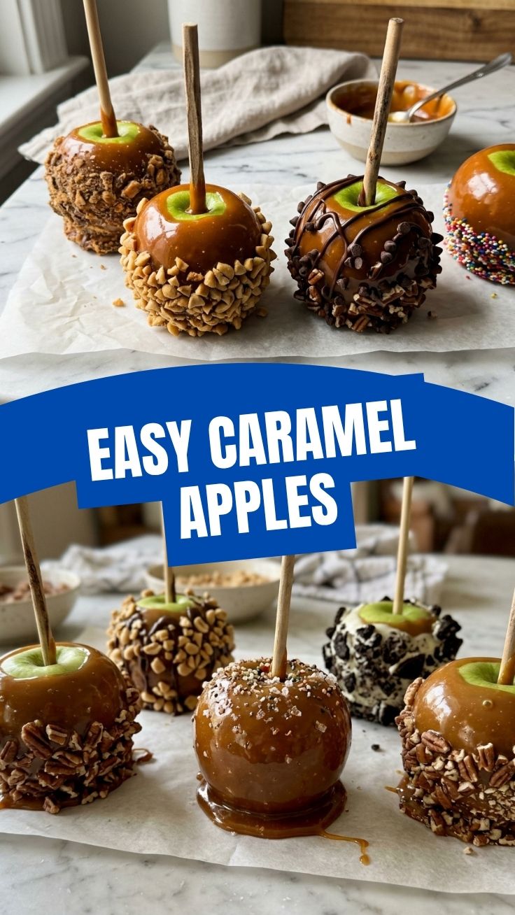 Delicious caramel apples on sticks, ready to be enjoyed
