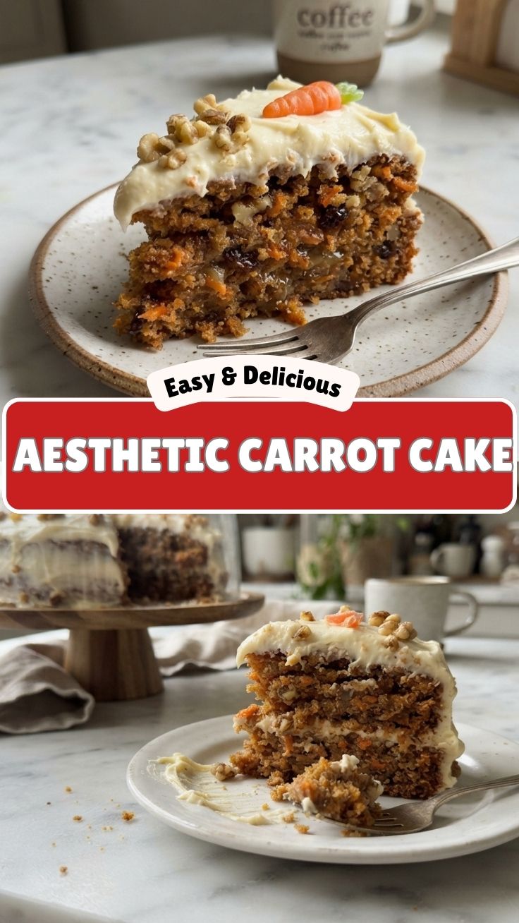 A slice of moist carrot cake with cream cheese frosting on a white plate.