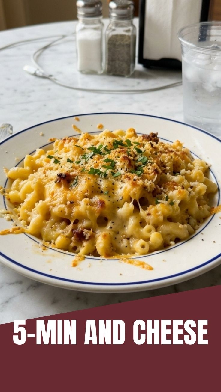 A close-up of golden, baked mac and cheese with a crispy topping