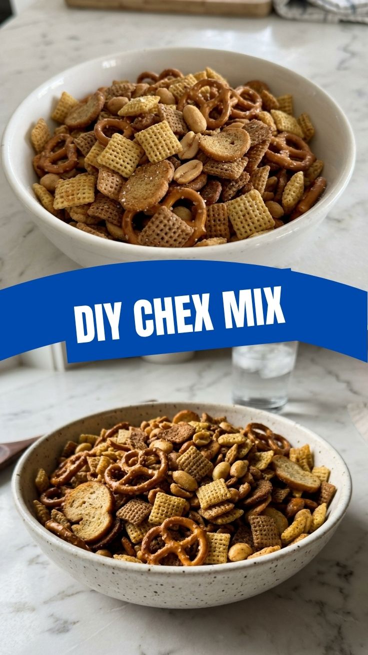 A bowl of homemade Chex Mix with various cereals, nuts, and pretzels.