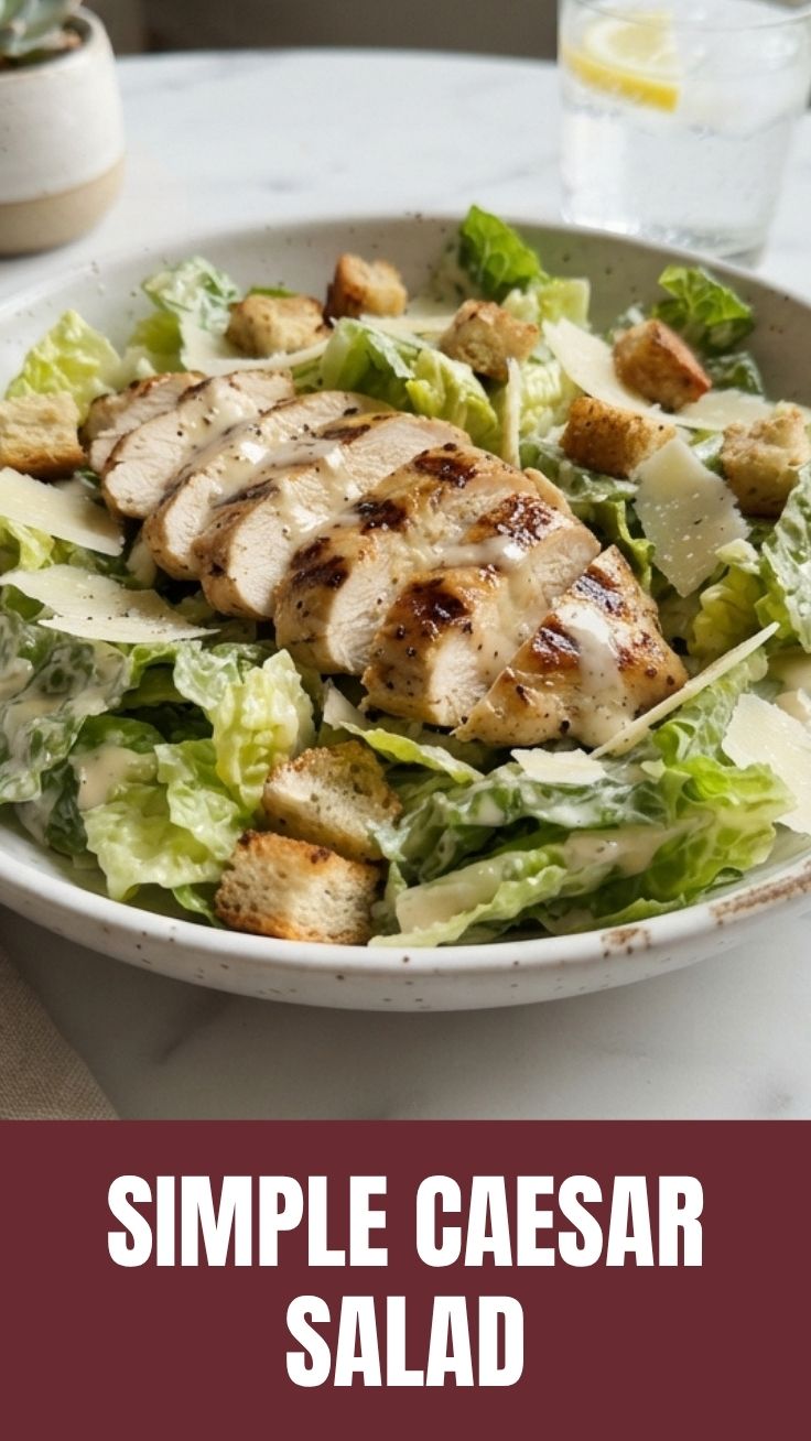 A vibrant chicken Caesar salad with crisp lettuce and croutons.