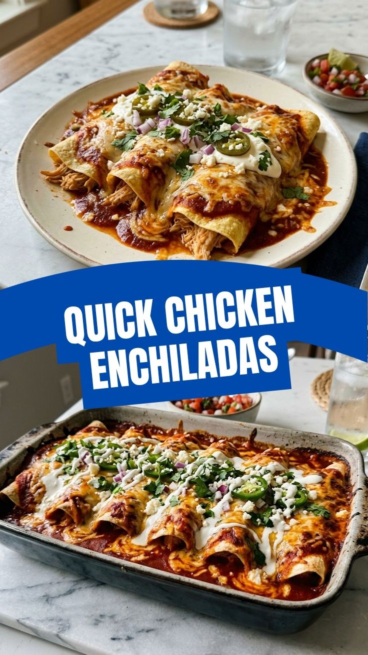 A baking dish filled with cheesy chicken enchiladas, fresh from the oven.