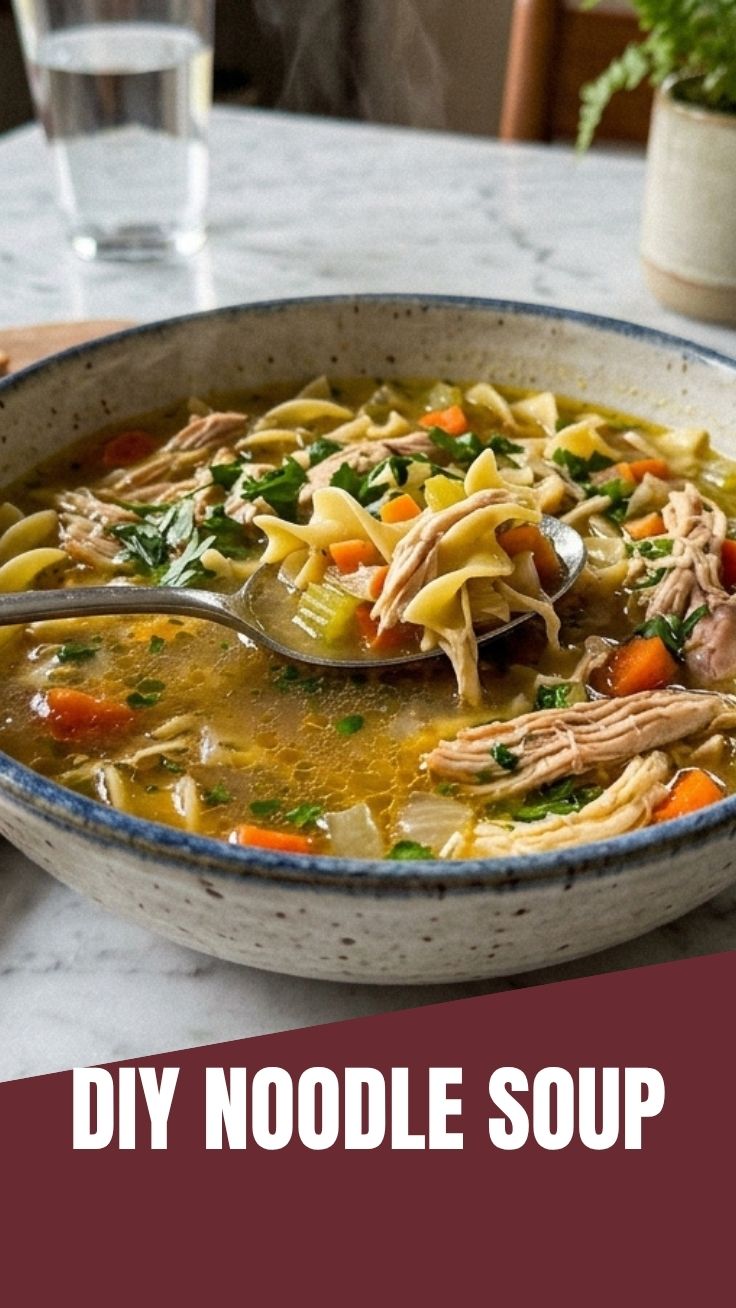 A steaming bowl of chicken noodle soup with broth, chicken, and vegetables
