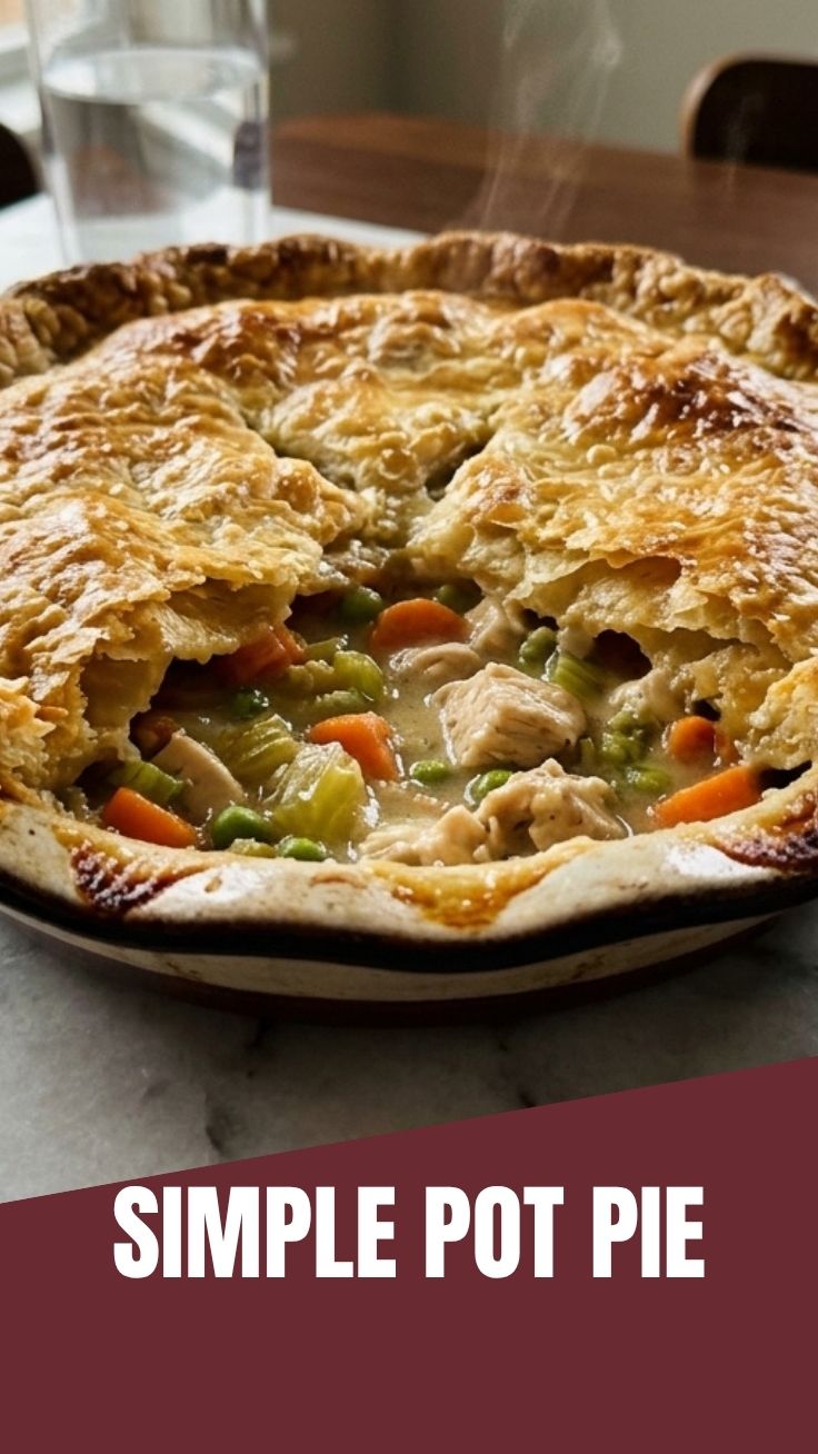 A golden-crusted chicken pot pie fresh from the oven, showcasing its flaky pastry.