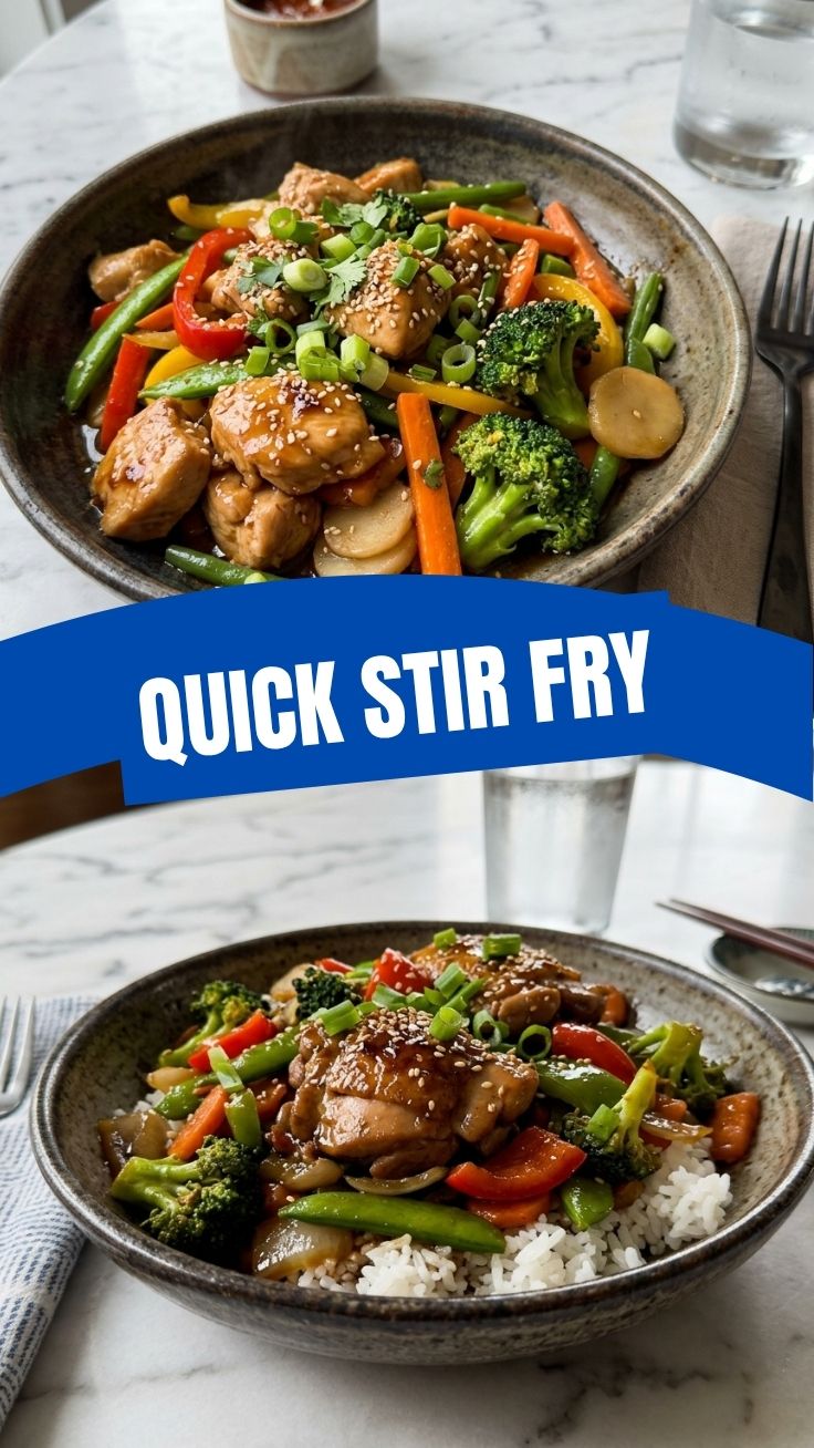 A vibrant chicken stir fry with colorful vegetables in a pan.