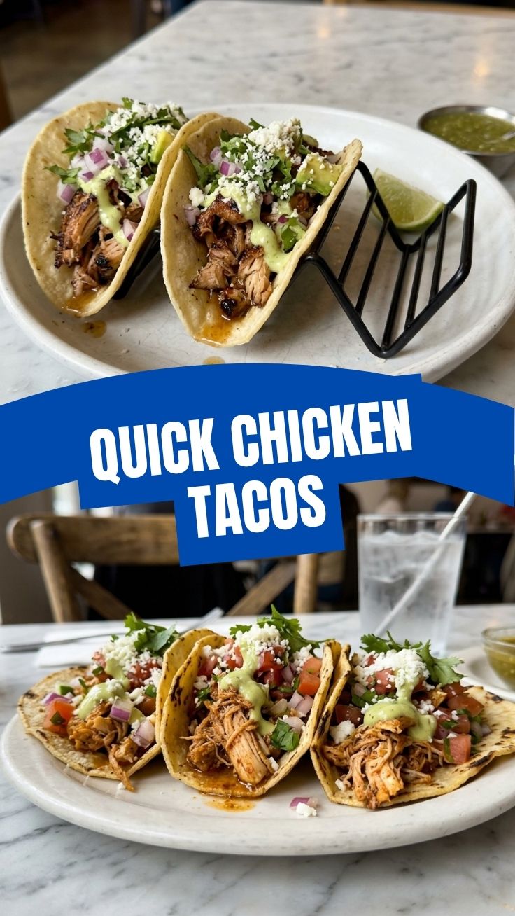Three chicken tacos with various toppings arranged on a plate.