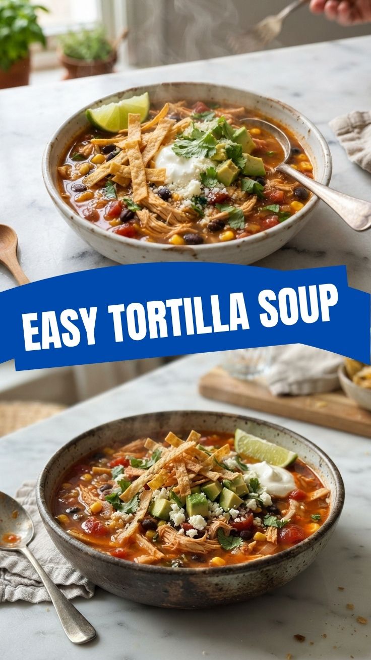 A steaming bowl of chicken tortilla soup garnished with avocado and cilantro.