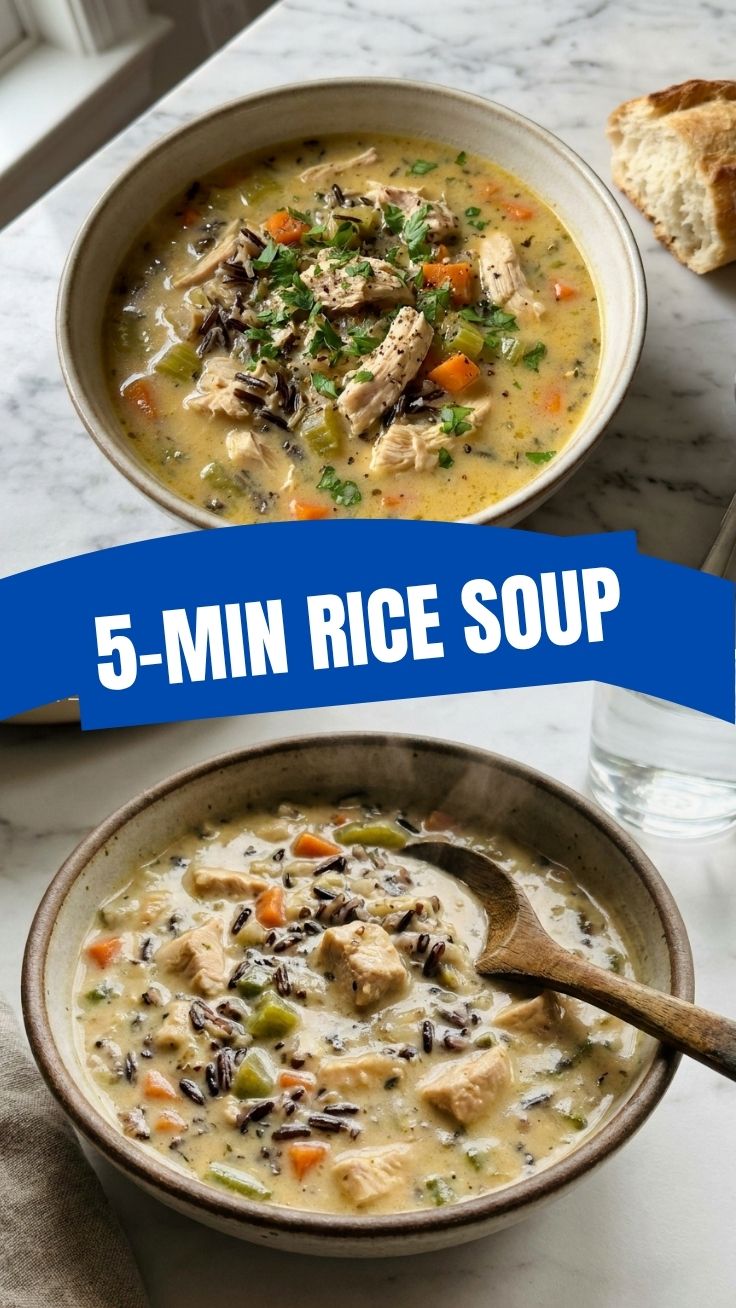 A steaming bowl of chicken wild rice soup garnished with fresh herbs.