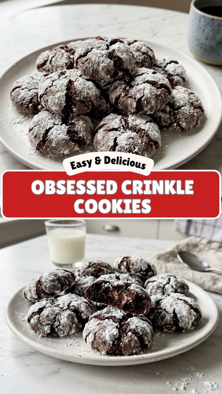 A plate of freshly baked chocolate crinkle cookies dusted with powdered sugar.