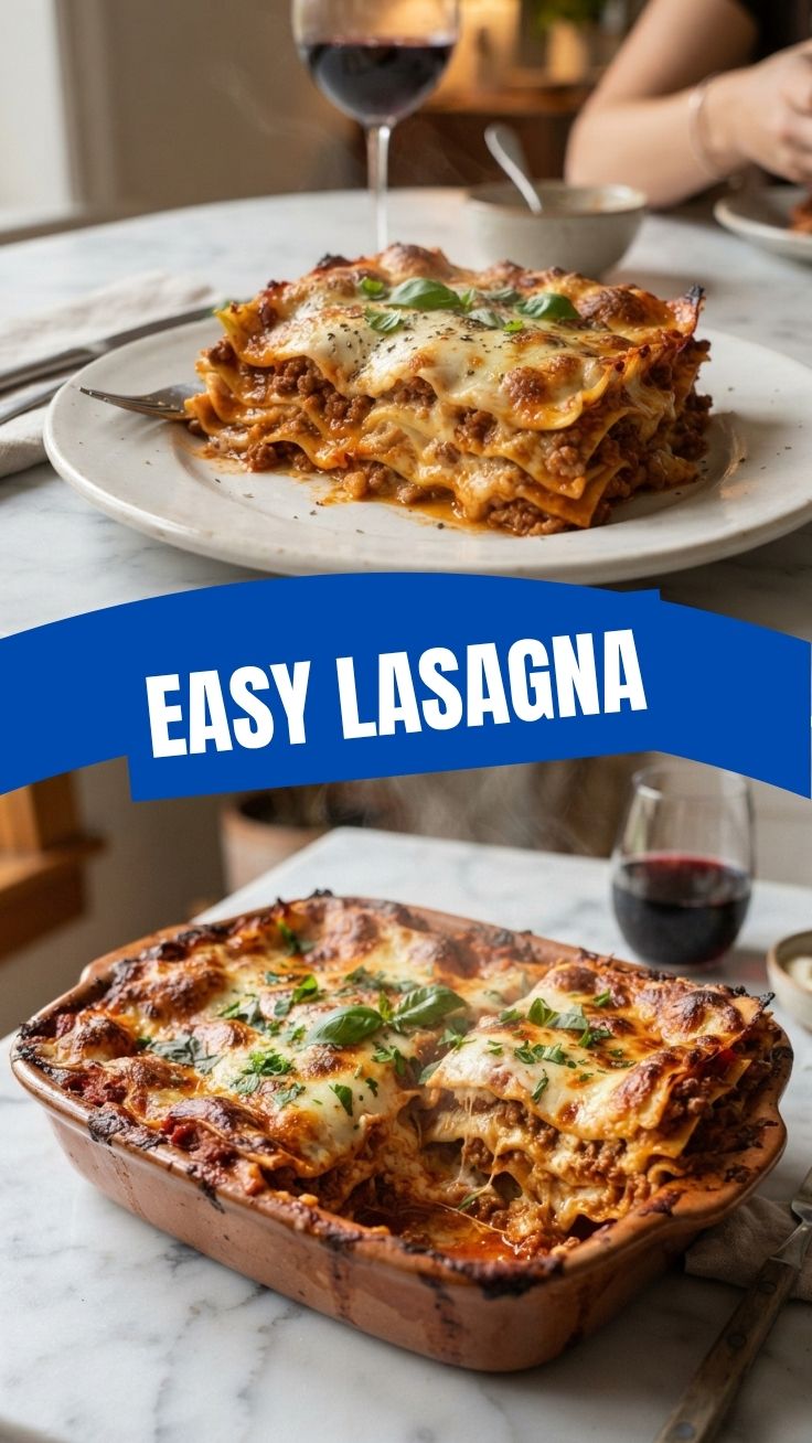 A classic Lasagna dish with visible layers of pasta, sauce, and cheese.