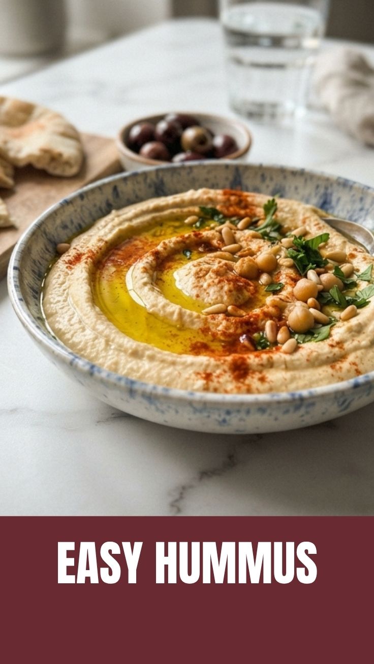 A smooth, creamy hummus dip, ready to be served.