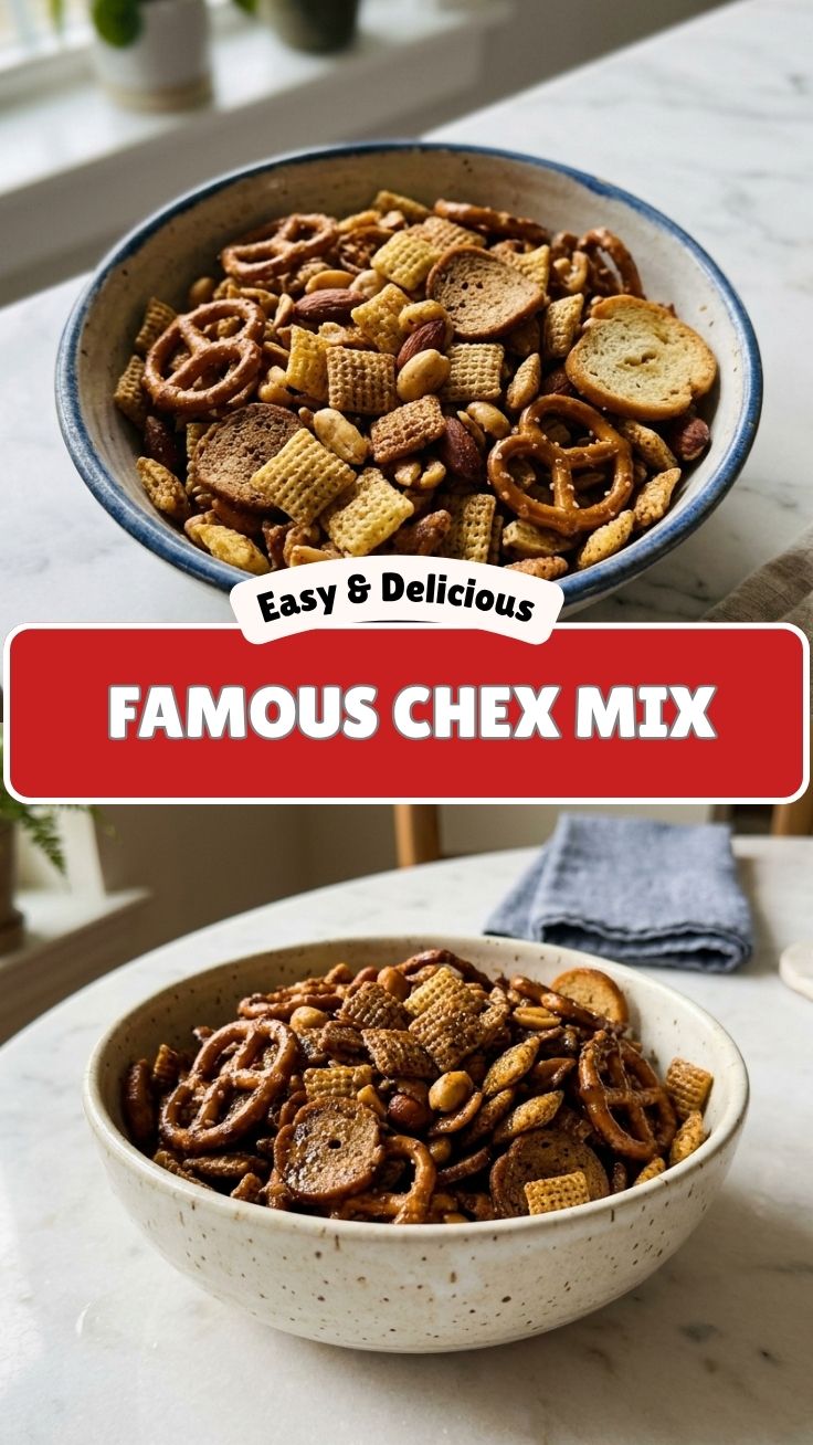 A bowl of homemade Chex Mix with various cereals and pretzels