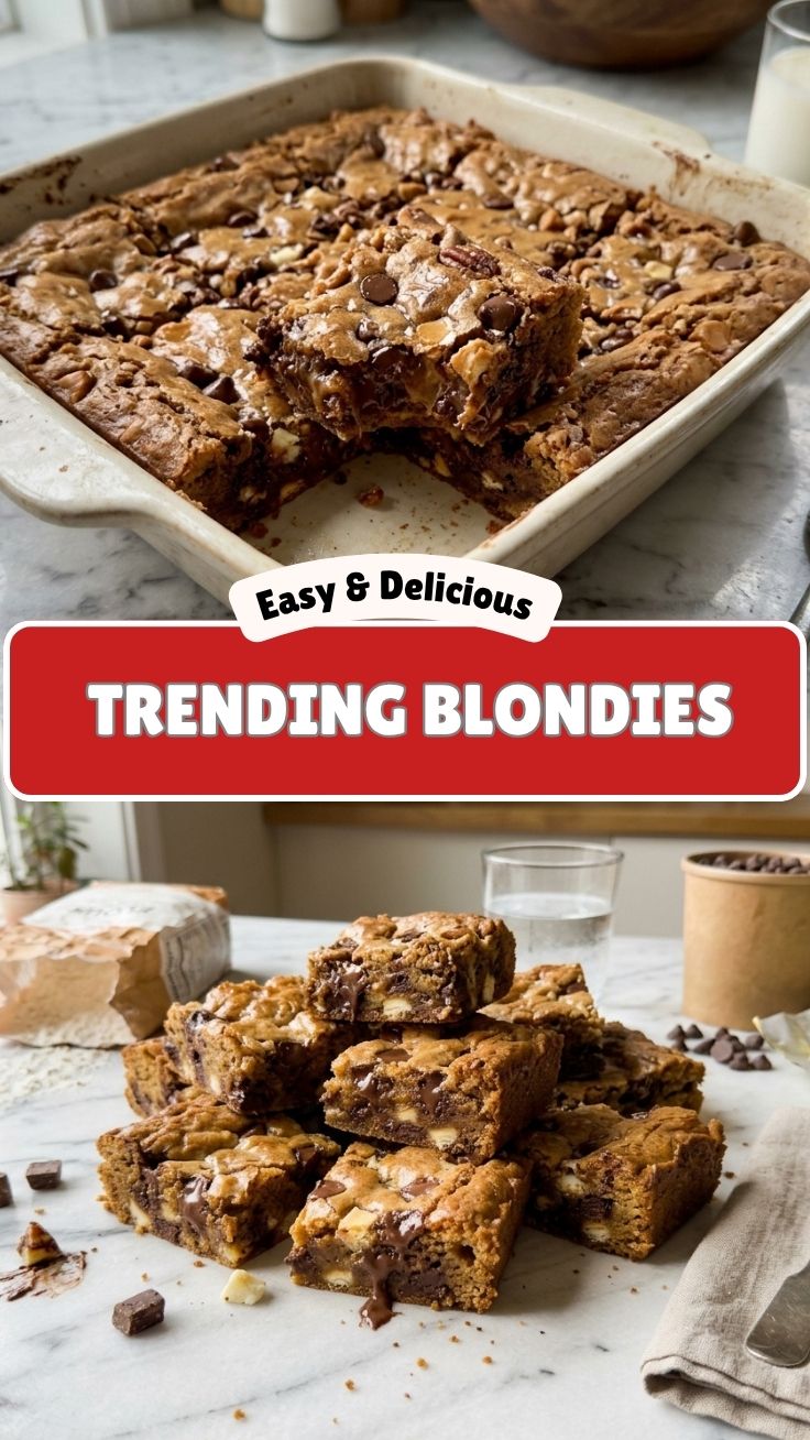 A close-up of a tray of freshly baked blondies with a soft, chewy texture.
