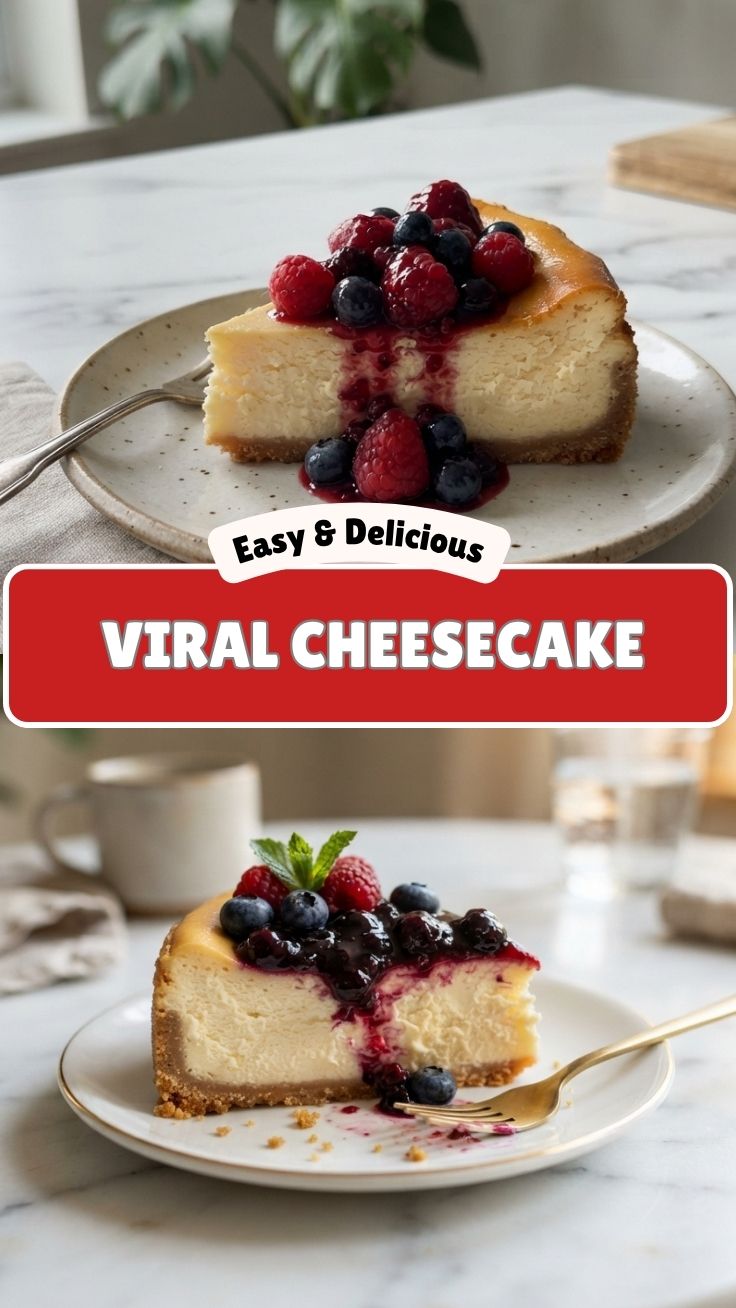 A perfectly baked cheesecake with a golden crust on a white plate.