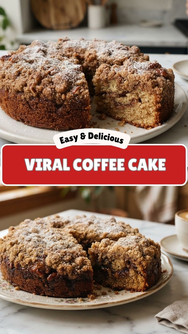 A freshly baked coffee cake with a crumble topping, served on a white plate.