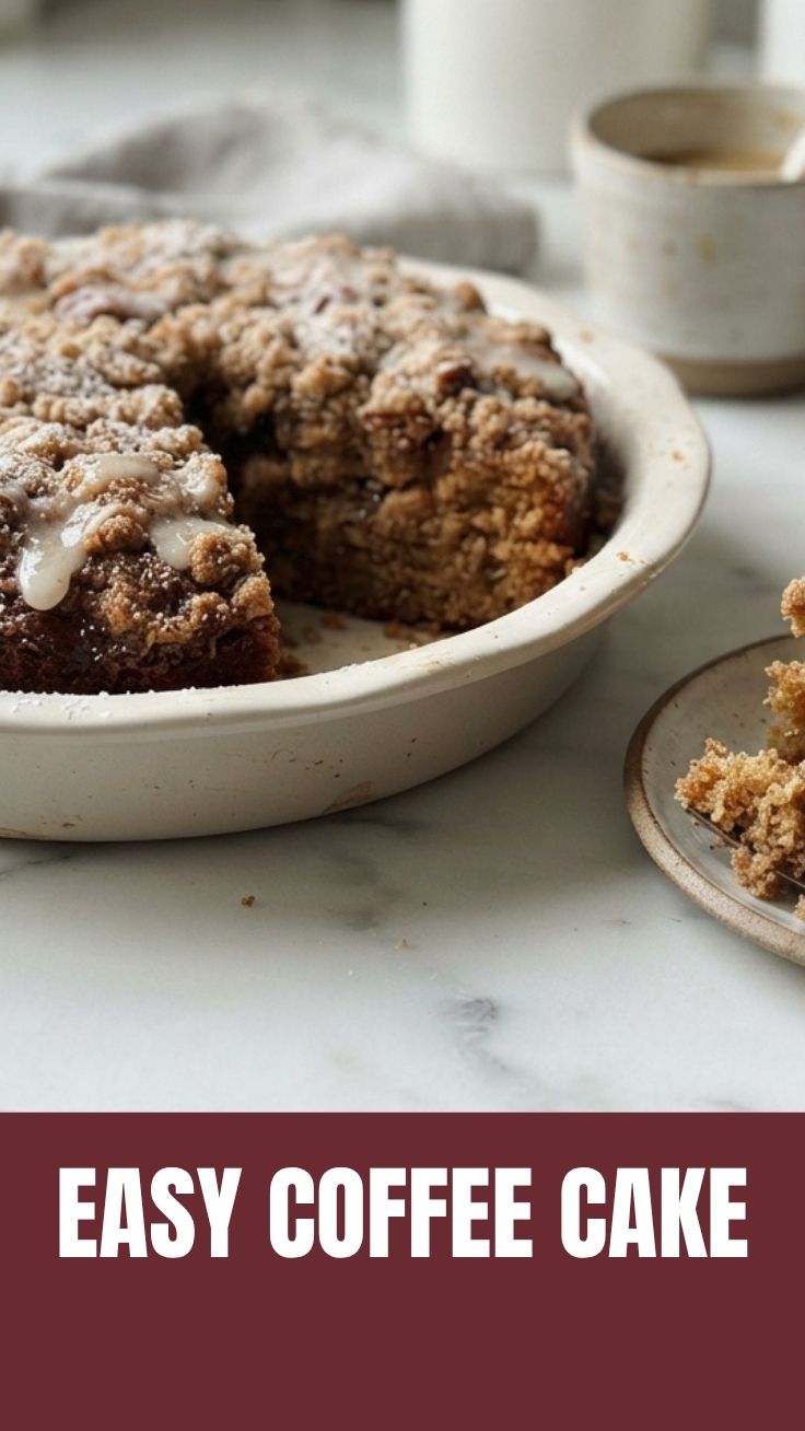 A freshly baked coffee cake with a crumble topping on a white plate.