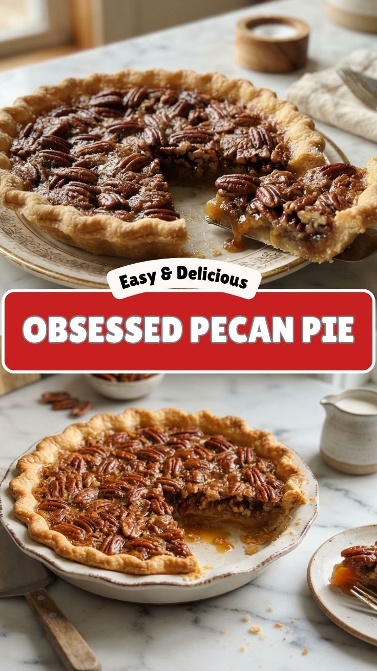 A freshly baked pecan pie with a golden-brown crust and glistening nutty filling.