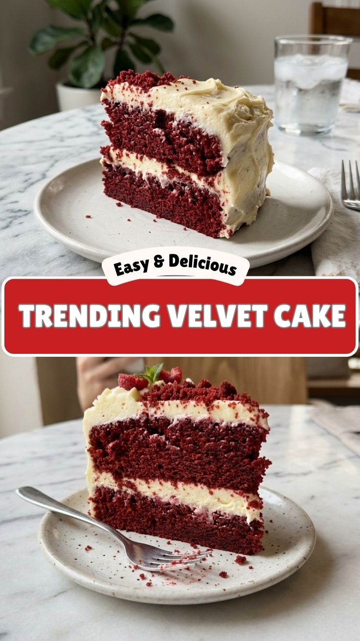 A stunning red velvet cake with cream cheese frosting, ready to be served.