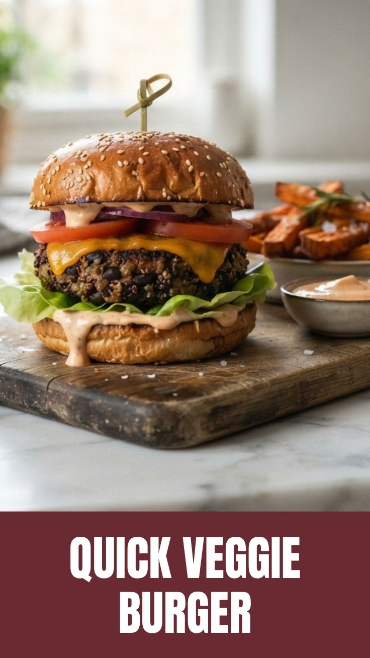 A freshly grilled veggie burger presented on a bun with fresh toppings.