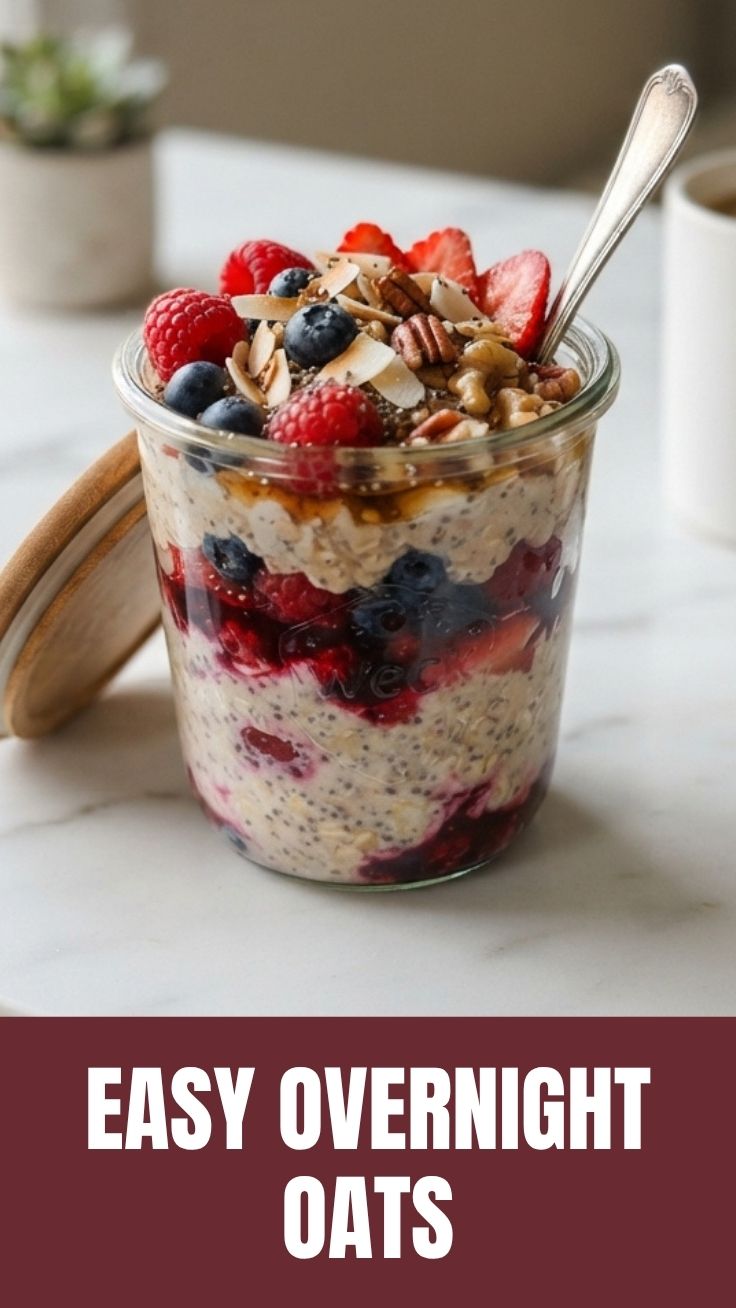 A jar of delicious overnight oats prepared for breakfast