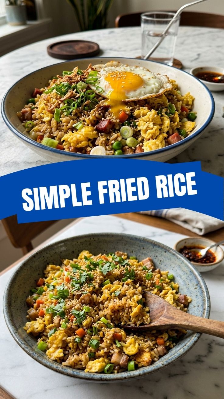 A steaming bowl of fresh egg fried rice with green onions