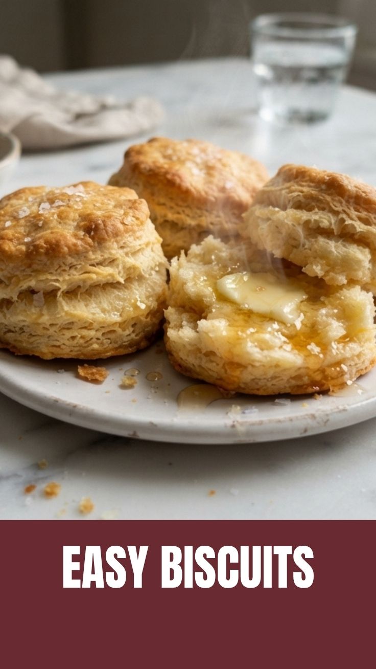 A stack of fluffy, golden-brown biscuits on a wooden cutting board