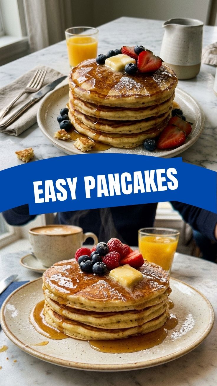 A tall stack of fluffy pancakes with syrup on a white plate