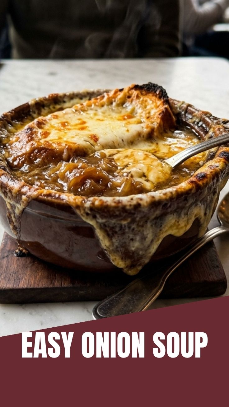 A bowl of rich French onion soup topped with melted Gruyere cheese and toasted croutons