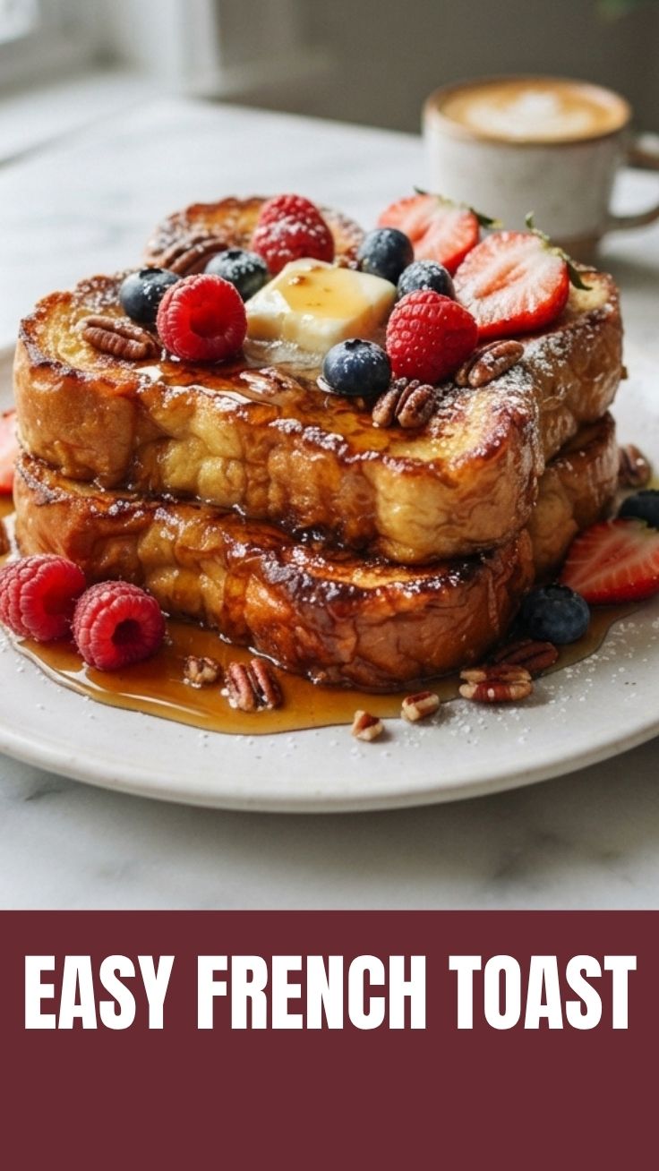 A perfectly cooked stack of golden French toast, dusted with powdered sugar