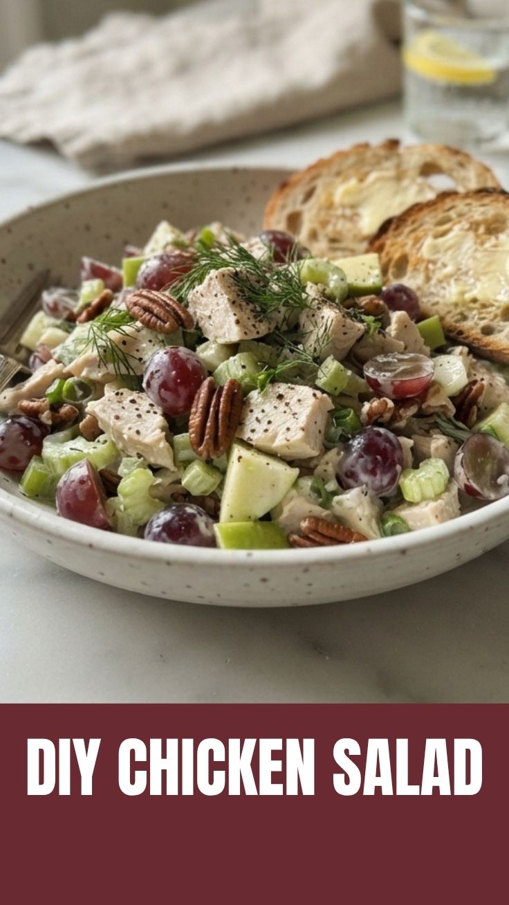 A fresh bowl of chicken salad with crisp greens and vegetables.