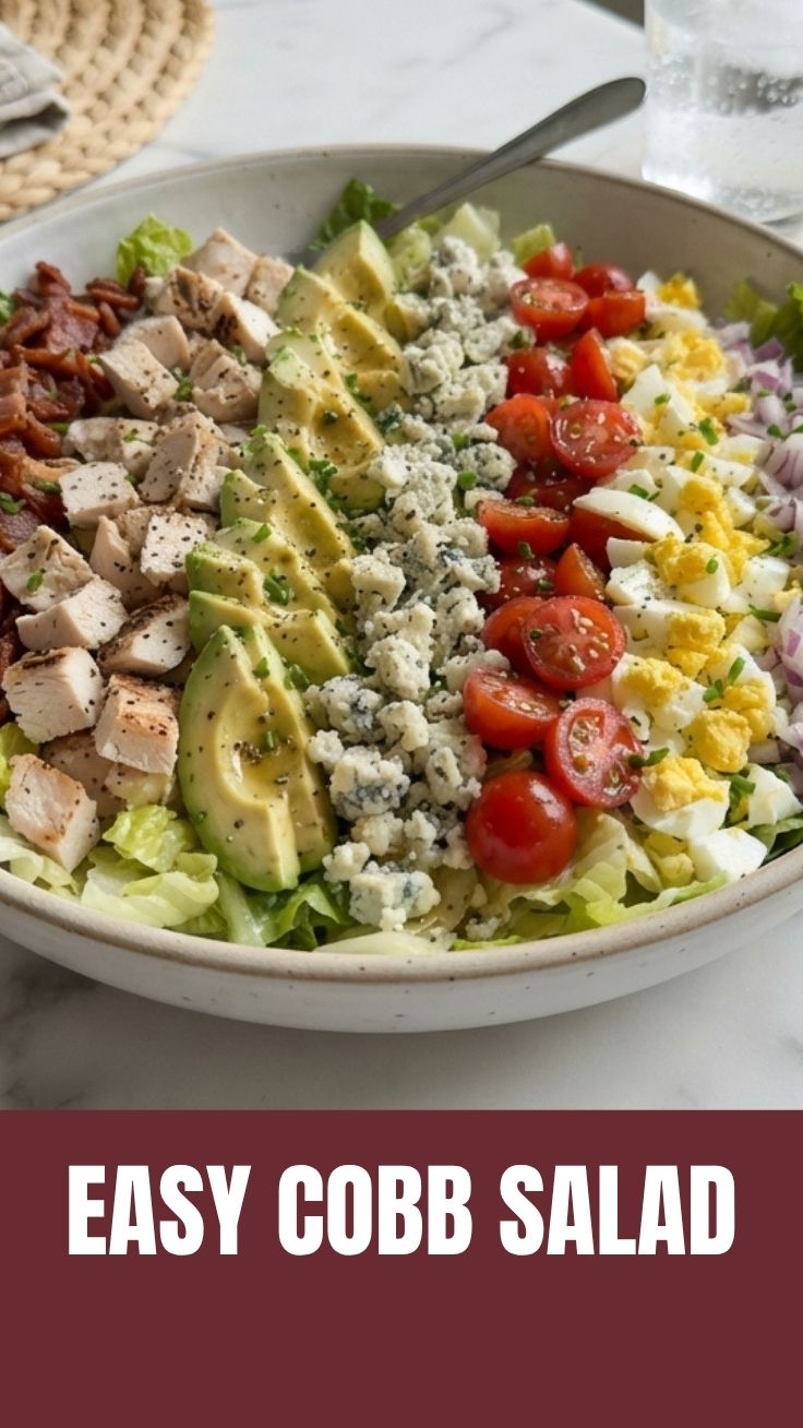 A vibrant cobb salad with fresh lettuce, chicken, bacon, egg, avocado, and tomatoes