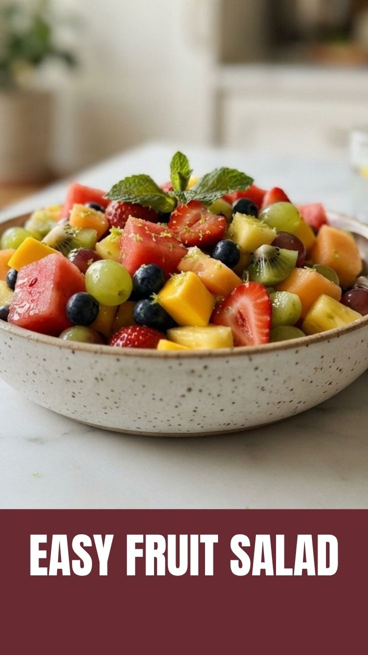 A refreshing bowl of mixed fruit salad with berries and melon.