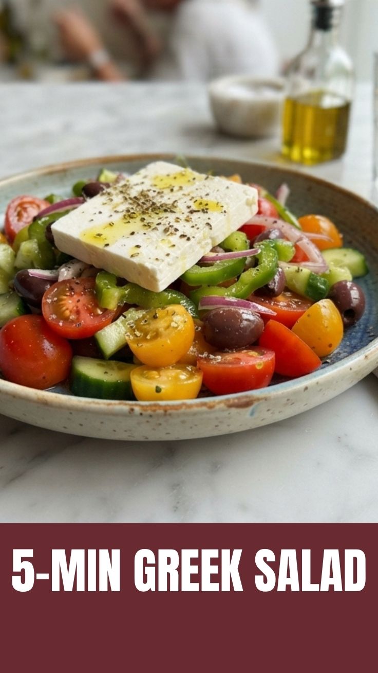 A vibrant Greek salad with fresh vegetables and feta cheese.