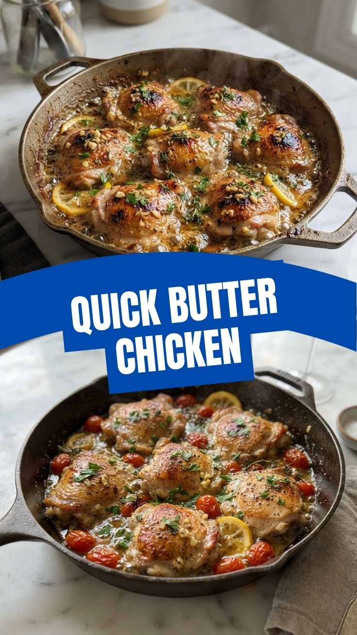 A close-up shot of pan-seared garlic butter chicken, golden brown and glistening.
