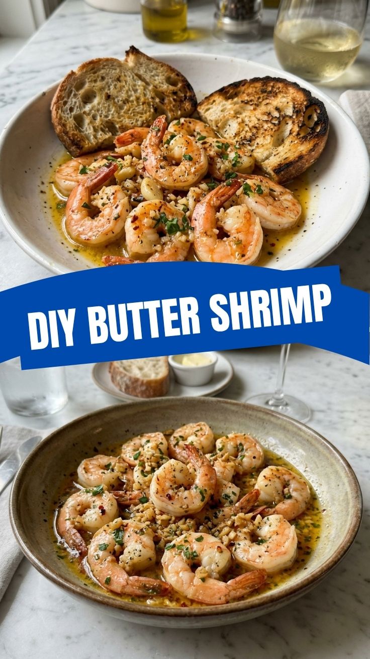 Close-up of golden garlic butter shrimp in a pan